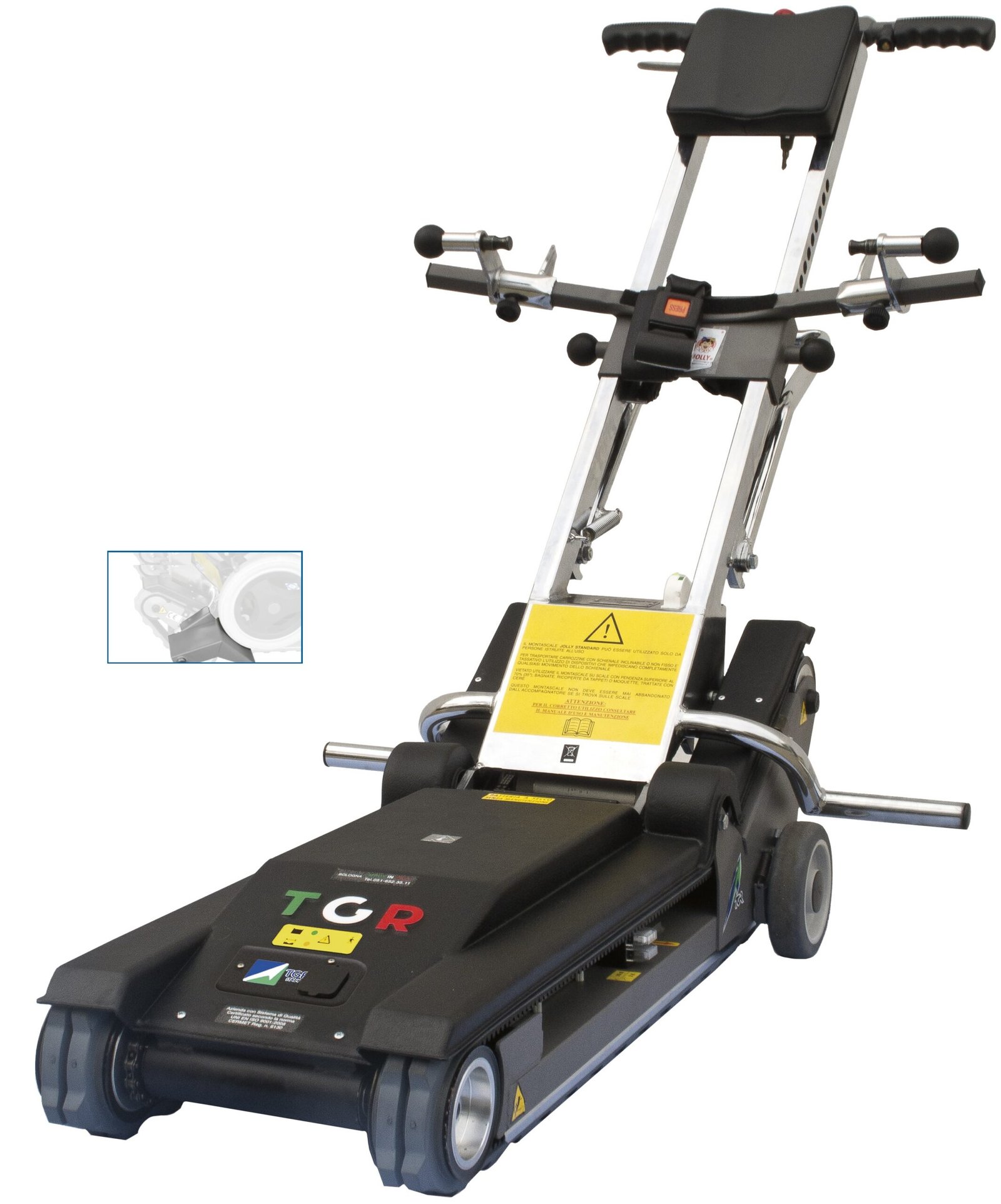 Jolly Std. pattini Montascale mobile elettrico a cingoli Jolly Standard con accessorio per carrozzine da transito